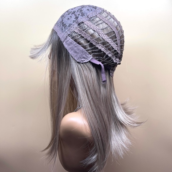 6082-16”Ombre Dark Brown Root to Ash Blond Curved Bottom Wig - Picture 8 of 11